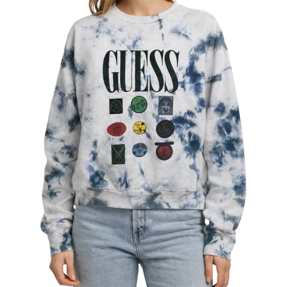 Vintage Guess Tie Dye Sweatshirt Logo Crew Neck Oversized White Blue OS
